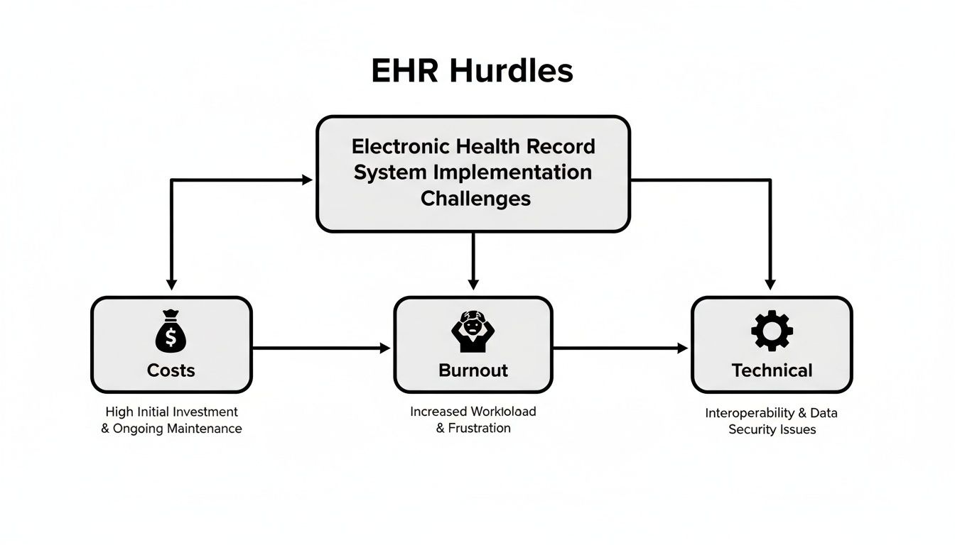 Diagram showing EHR implementation hurdles: high costs, healthcare worker burnout, and technical interoperability challenges.