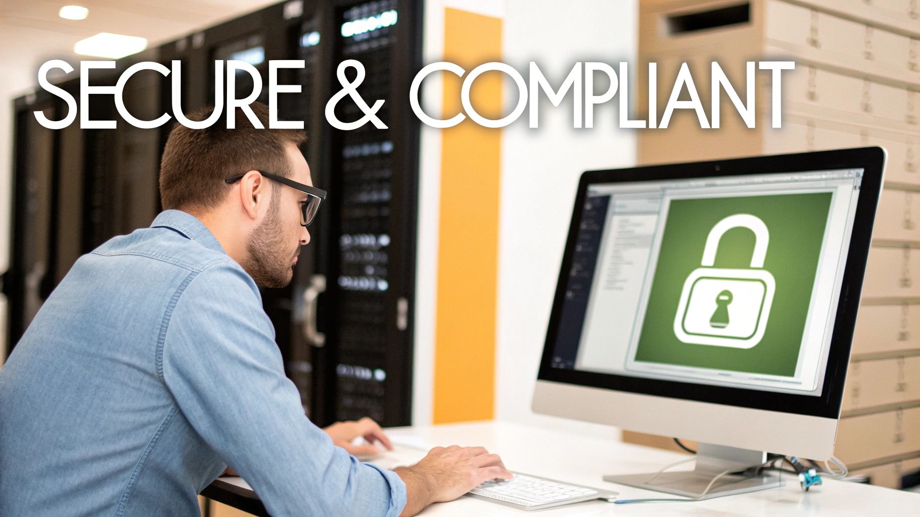 A man works on a computer displaying a green security padlock icon in a data center, with "SECURE & COMPLIANT" text overlay.