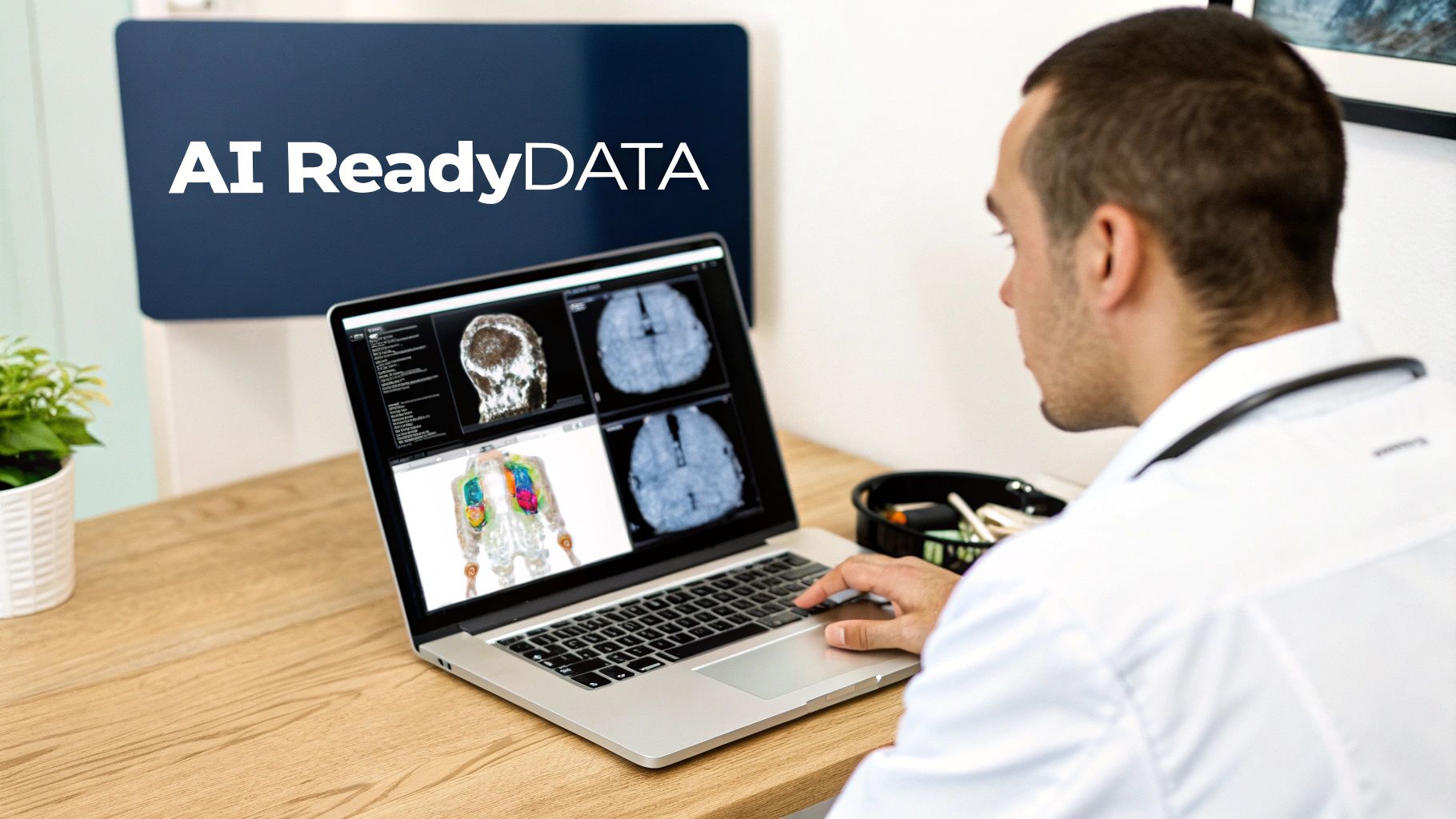 A doctor reviews AI ReadyDATA medical images and a 3D anatomy model on a laptop.