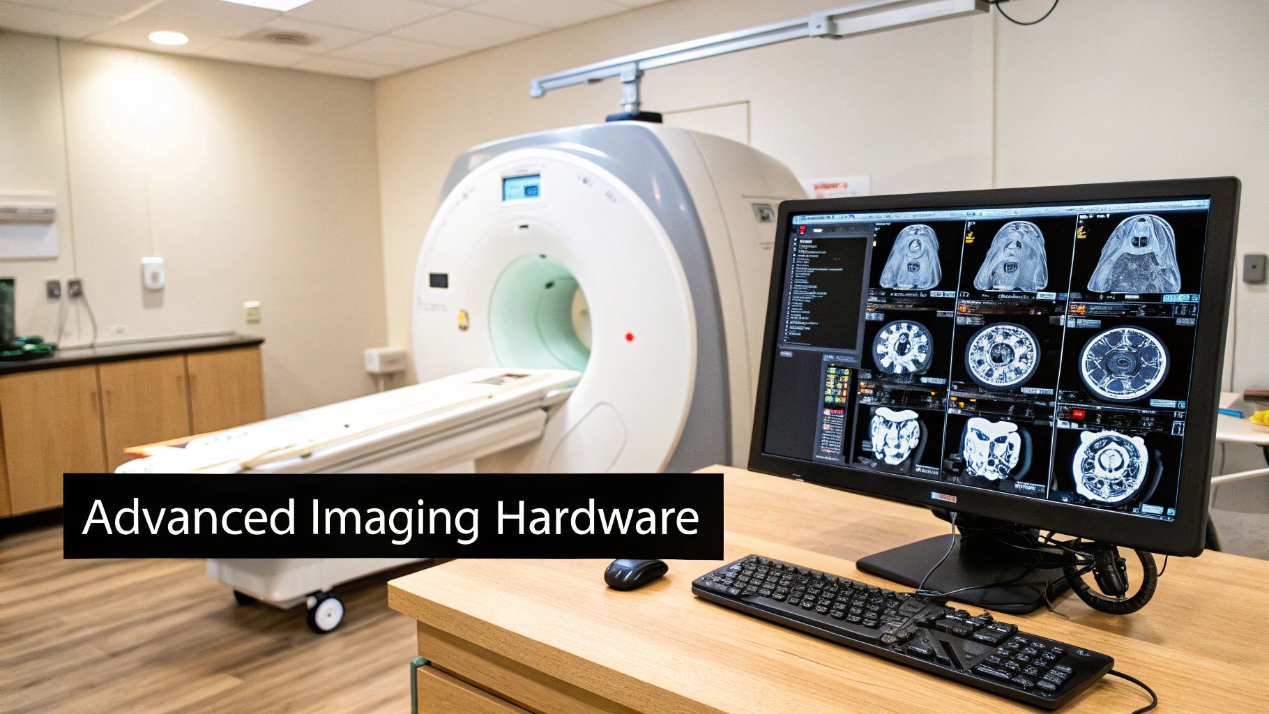 A modern medical imaging room featuring an advanced MRI or CT scanner and a computer displaying diagnostic scans.
