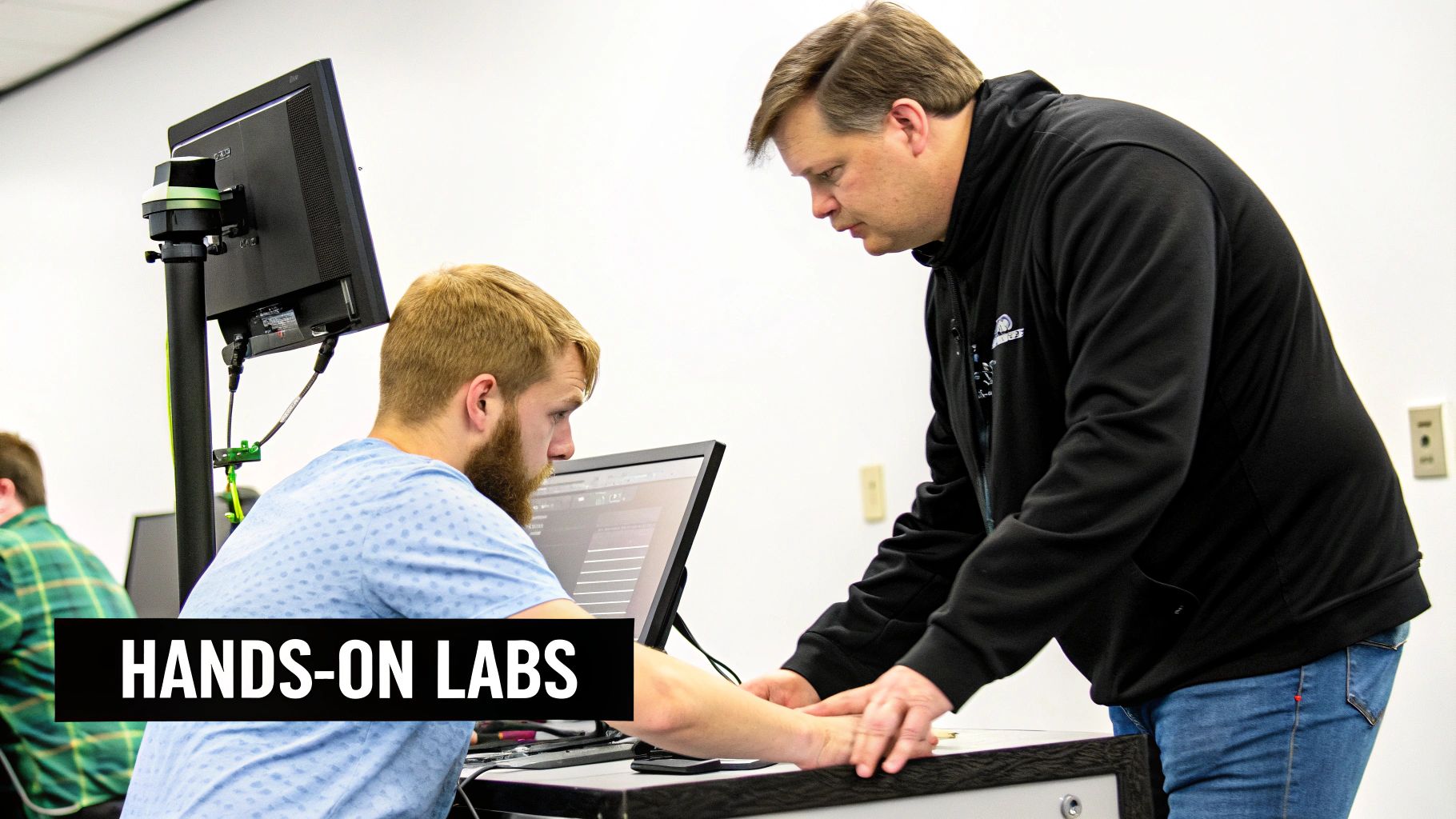 Two men collaborate in a hands-on lab, an instructor guiding a student on a computer.