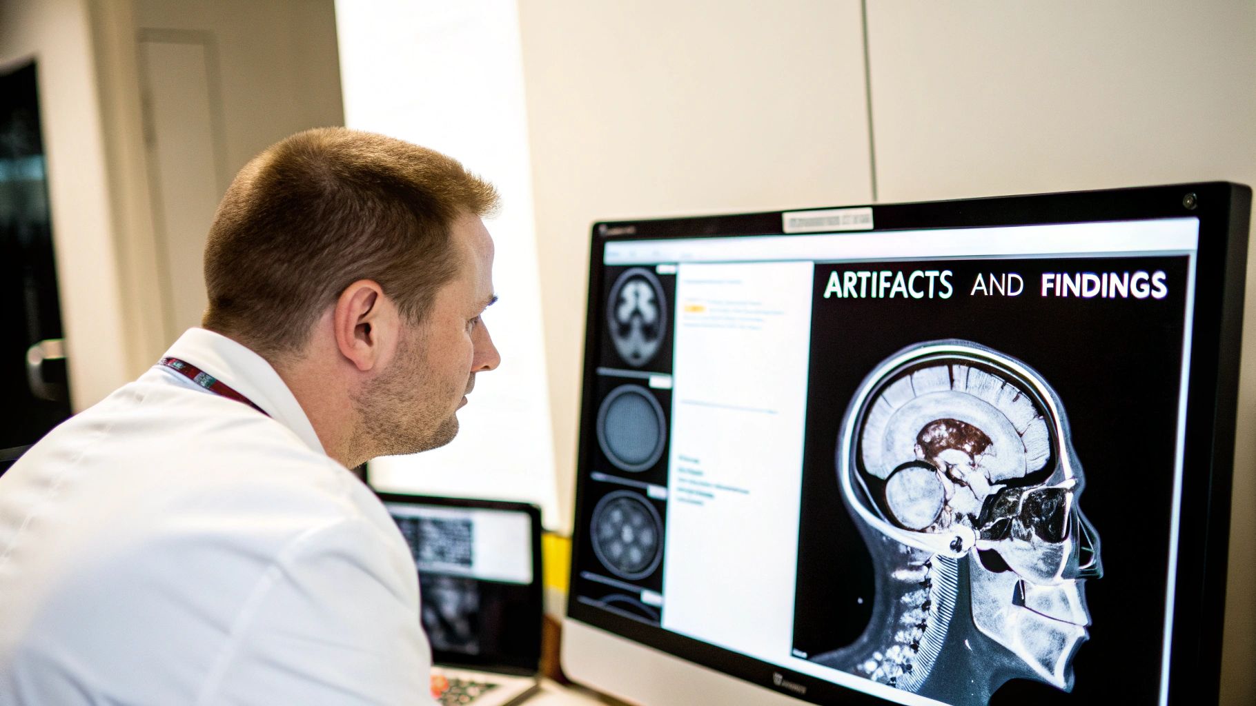 An MRI scan of a brain, with a healthcare professional's hands pointing at a specific area, indicating a finding.