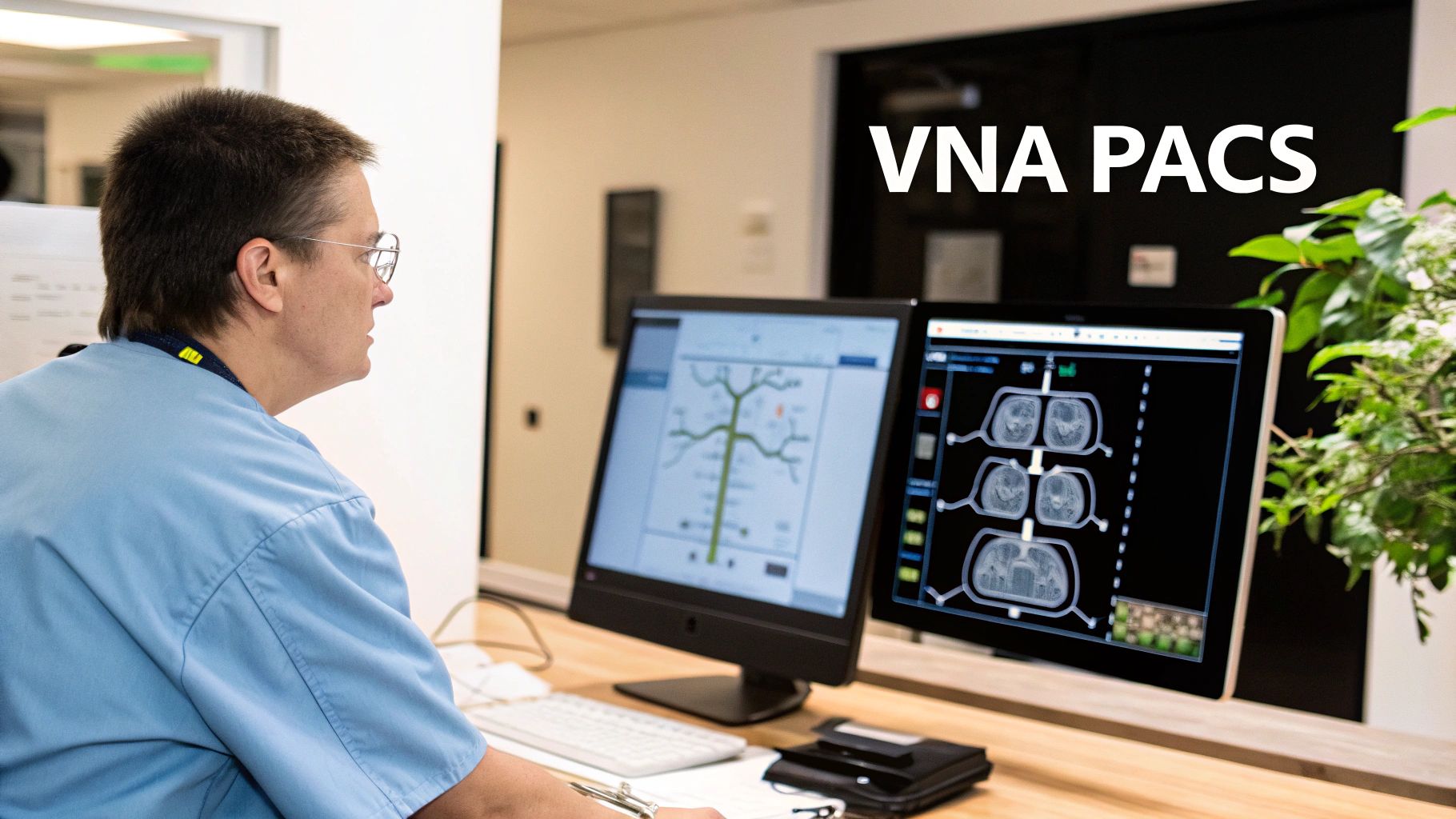 Healthcare professional reviewing medical brain scan images on dual monitors at VNA PACS workstation