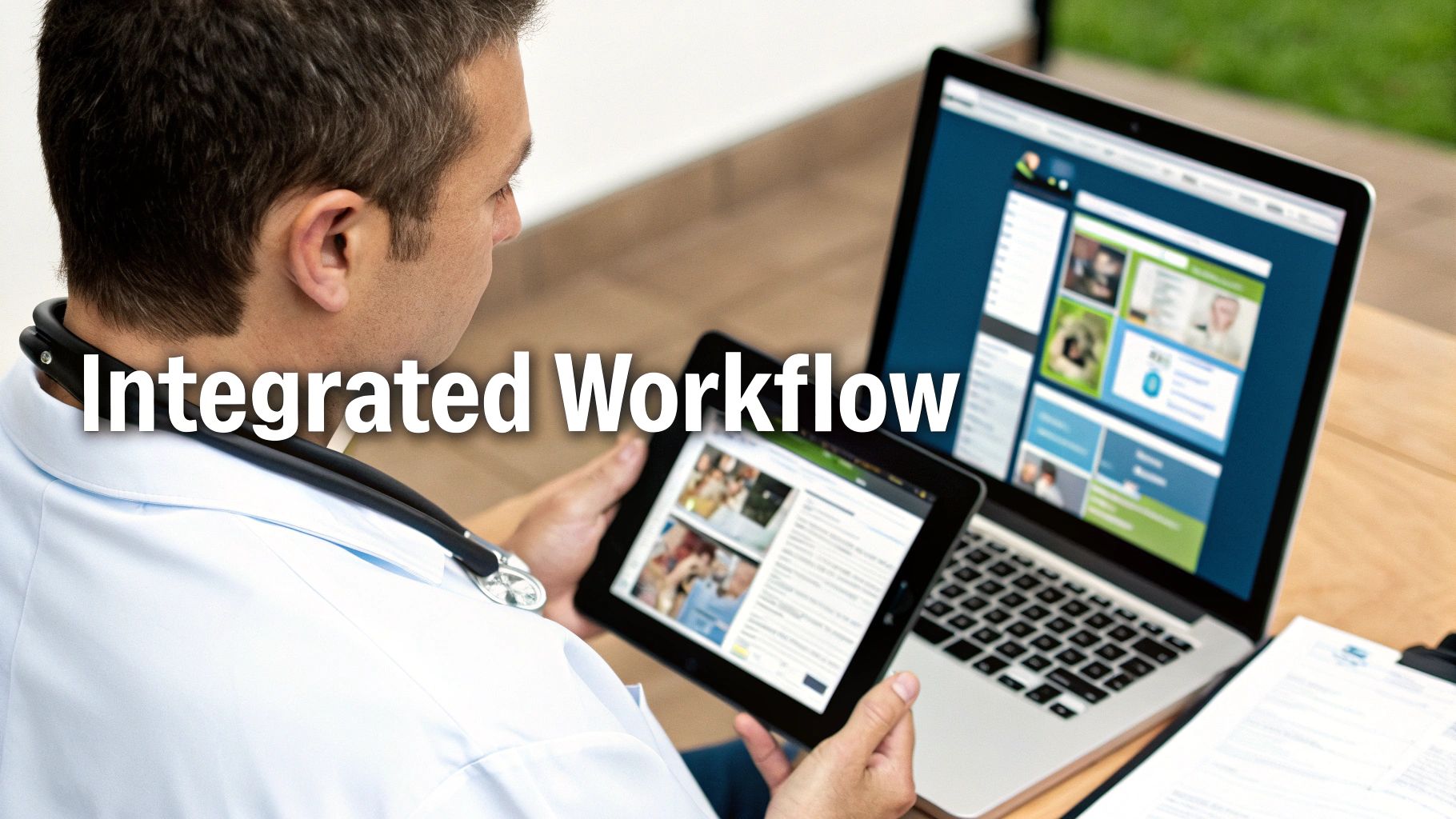 Professional using tablet and laptop for integrated workflow across multiple devices