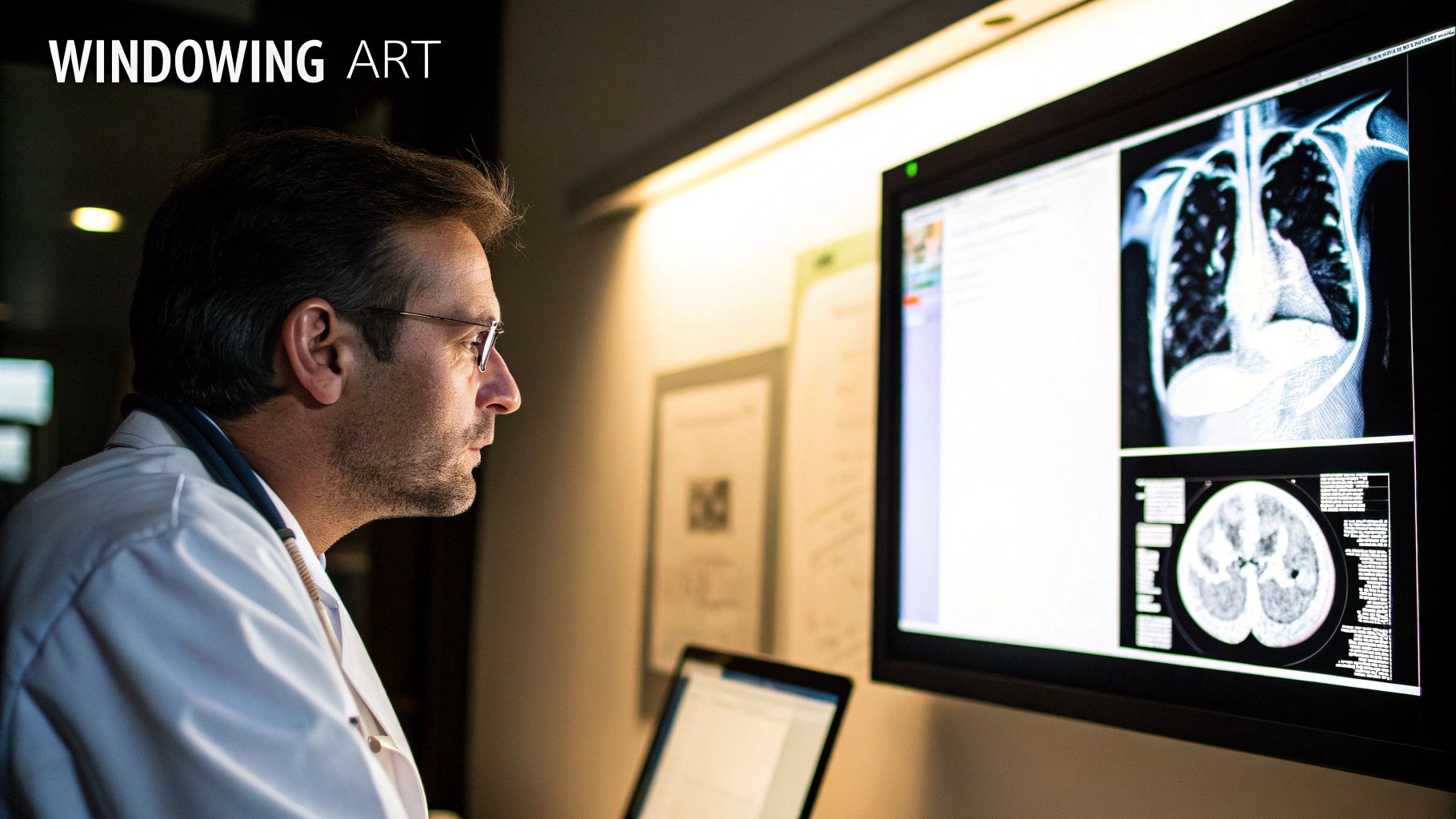 Radiologist examining a medical scan, demonstrating the concept of window width vs window level