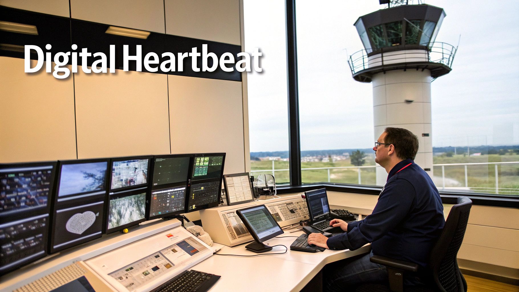 Air traffic controller in a modern control room, monitoring multiple screens with an airport tower visible.