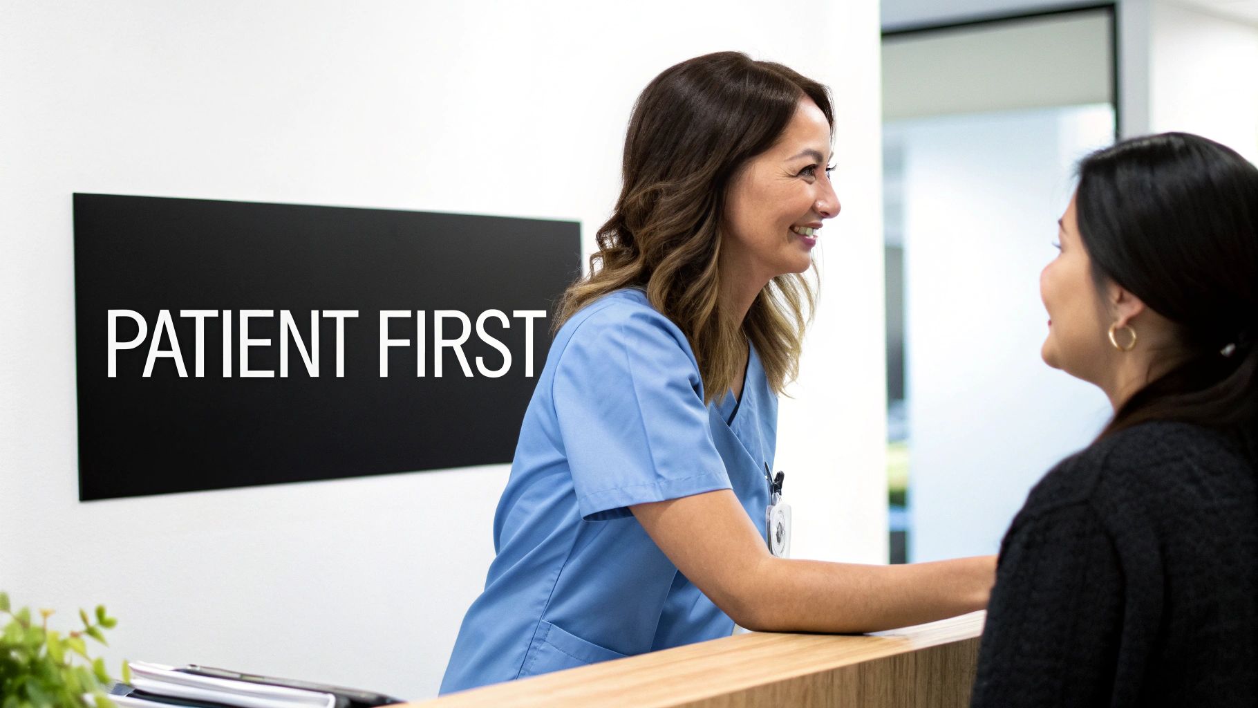 A doctor and patient having a reassuring conversation in a modern hospital room.