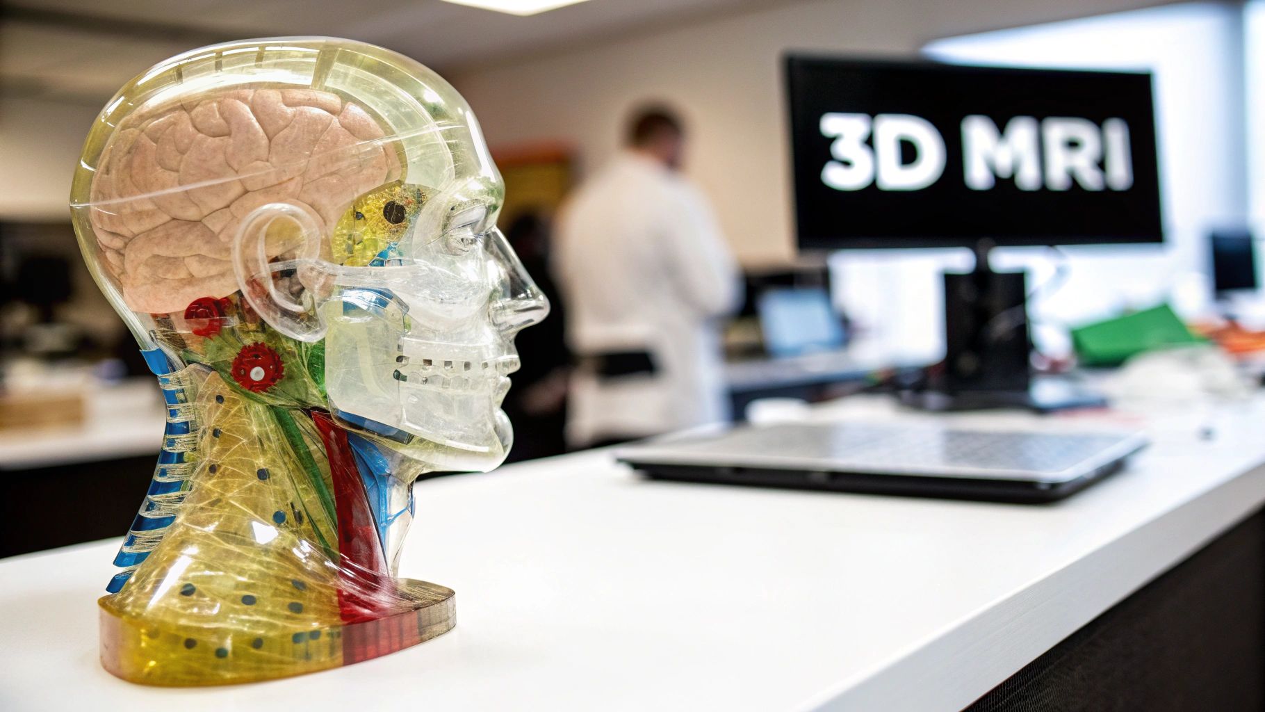 A 3D MRI scan of a human brain, showing intricate details and structures in a glowing, digital format.