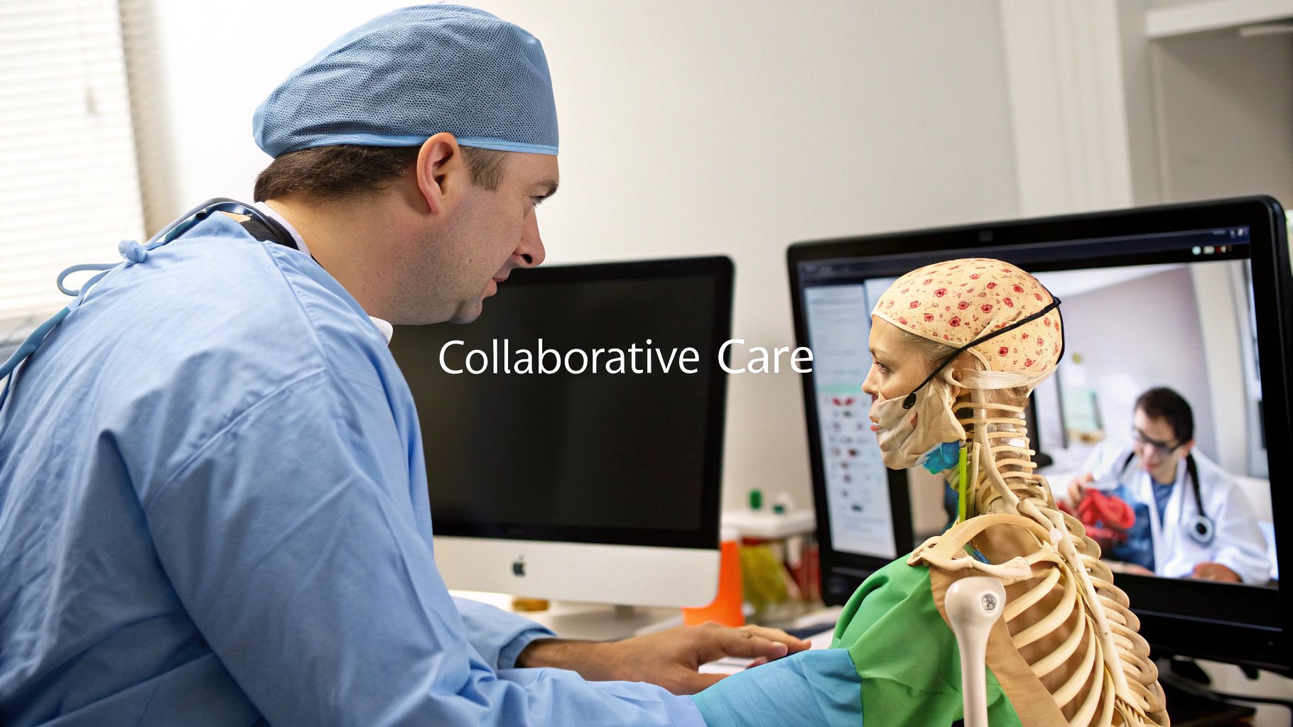 Medical professionals collaborating over a 3D model on a large screen, demonstrating a web based slicer in a clinical setting.