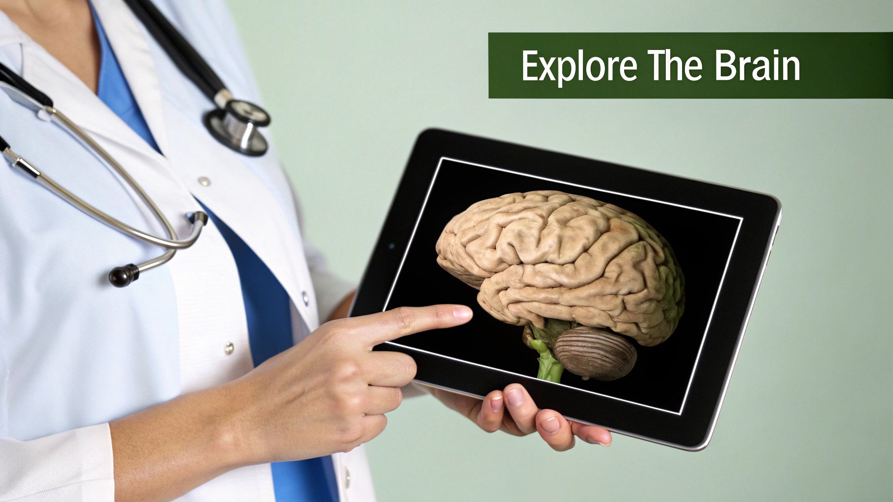 An interactive 3D model of a human brain, showing different colored regions, representing the functionality of a 3d brain app.