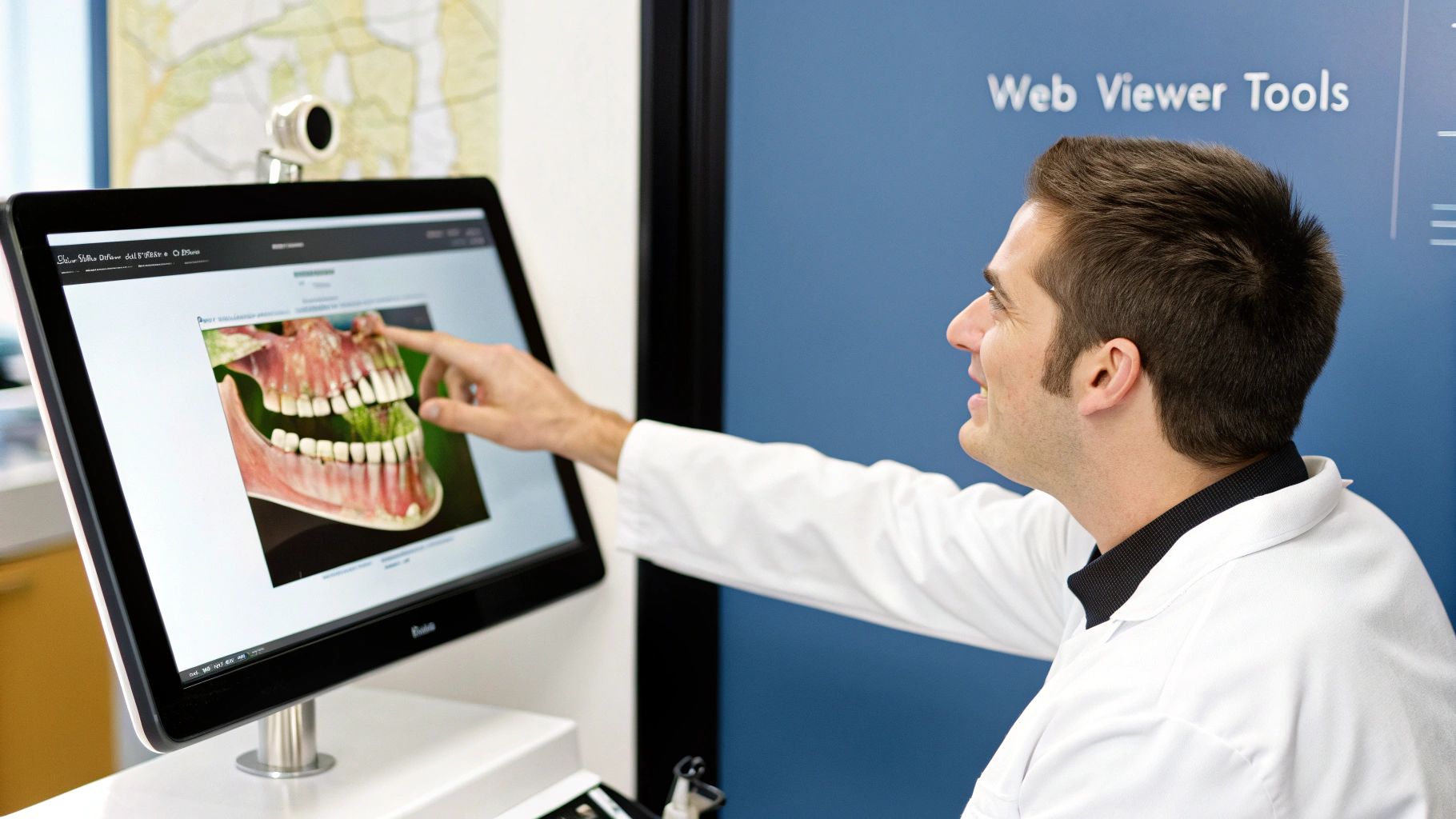 An interactive 3D cone beam image of a jaw on a computer screen, showing detailed anatomical structures.
