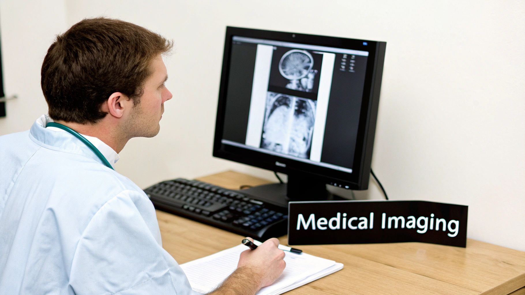 A medical professional analyzing scans on a screen with AI overlays