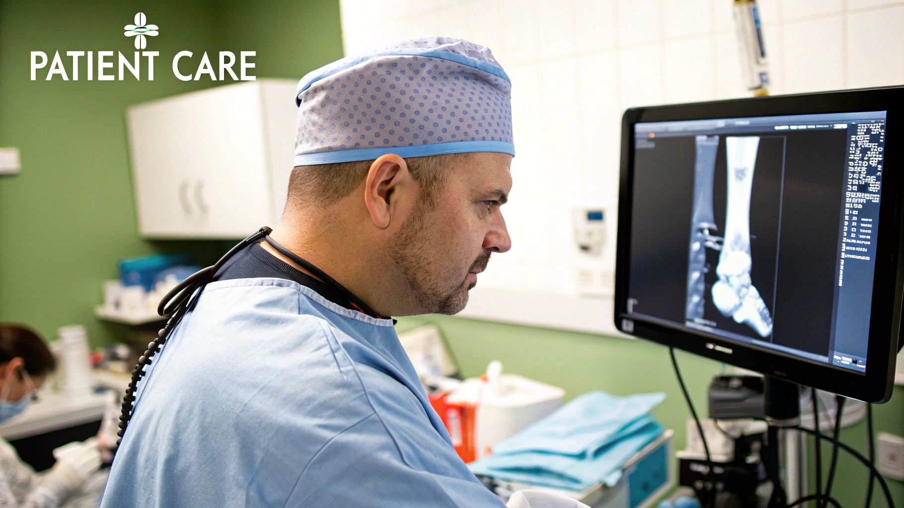 A surgeon meticulously planning a procedure using an advanced 3D imaging software interface.