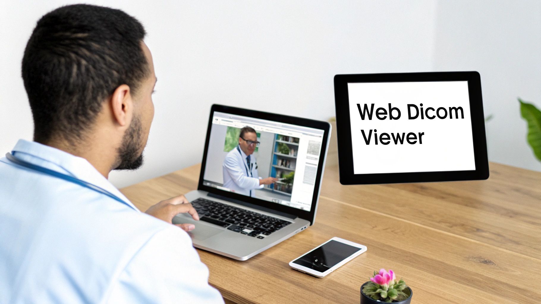 A medical professional watches online training on a laptop, with a 'Web Dicom Viewer' tablet nearby on a wooden desk.