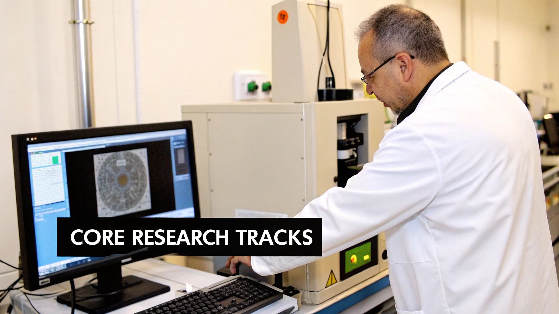 A scientist working with advanced medical imaging equipment in a high-tech lab.