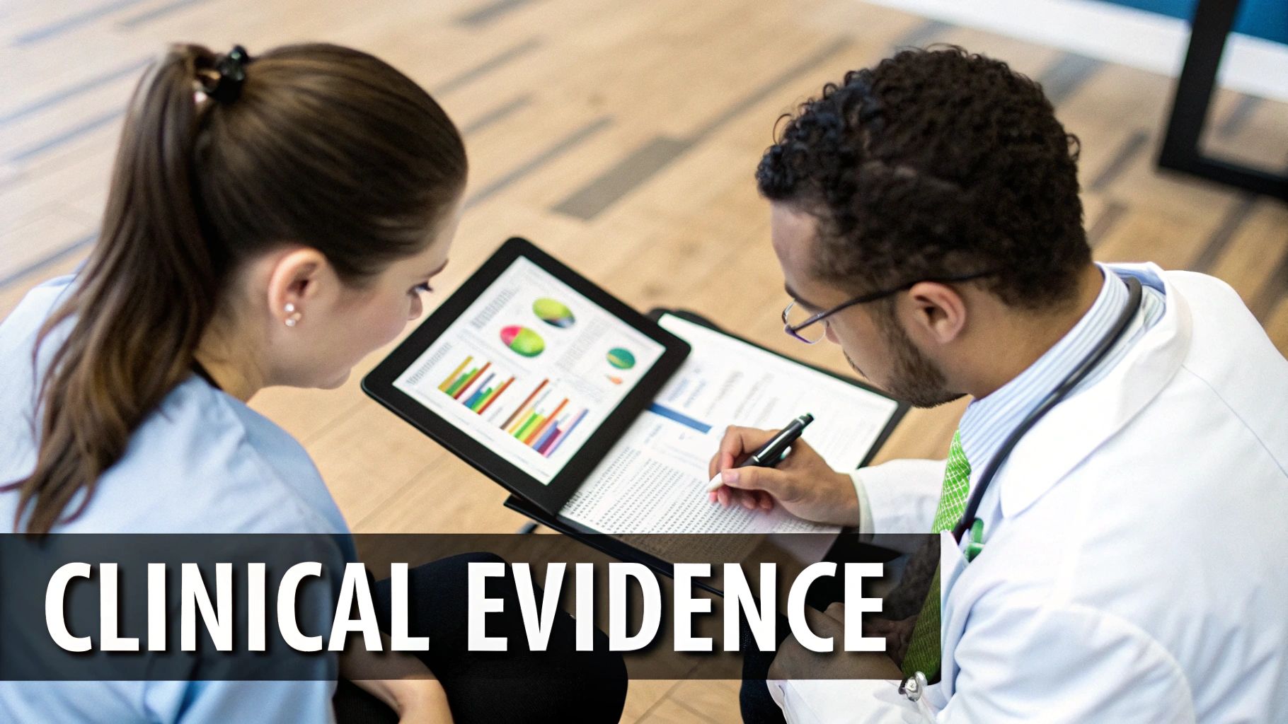 Two medical professionals review clinical data on a tablet and clipboard, collaborating on evidence.