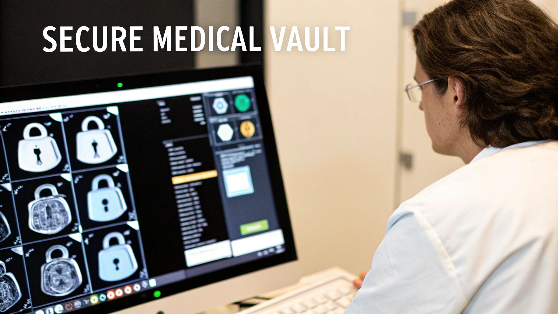 A medical professional views a computer screen displaying secure medical images with lock icons.