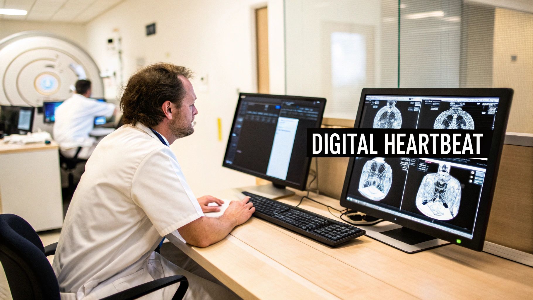 A healthcare professional analyzing medical scans on a computer screen, illustrating a modern PACS workstation in action.