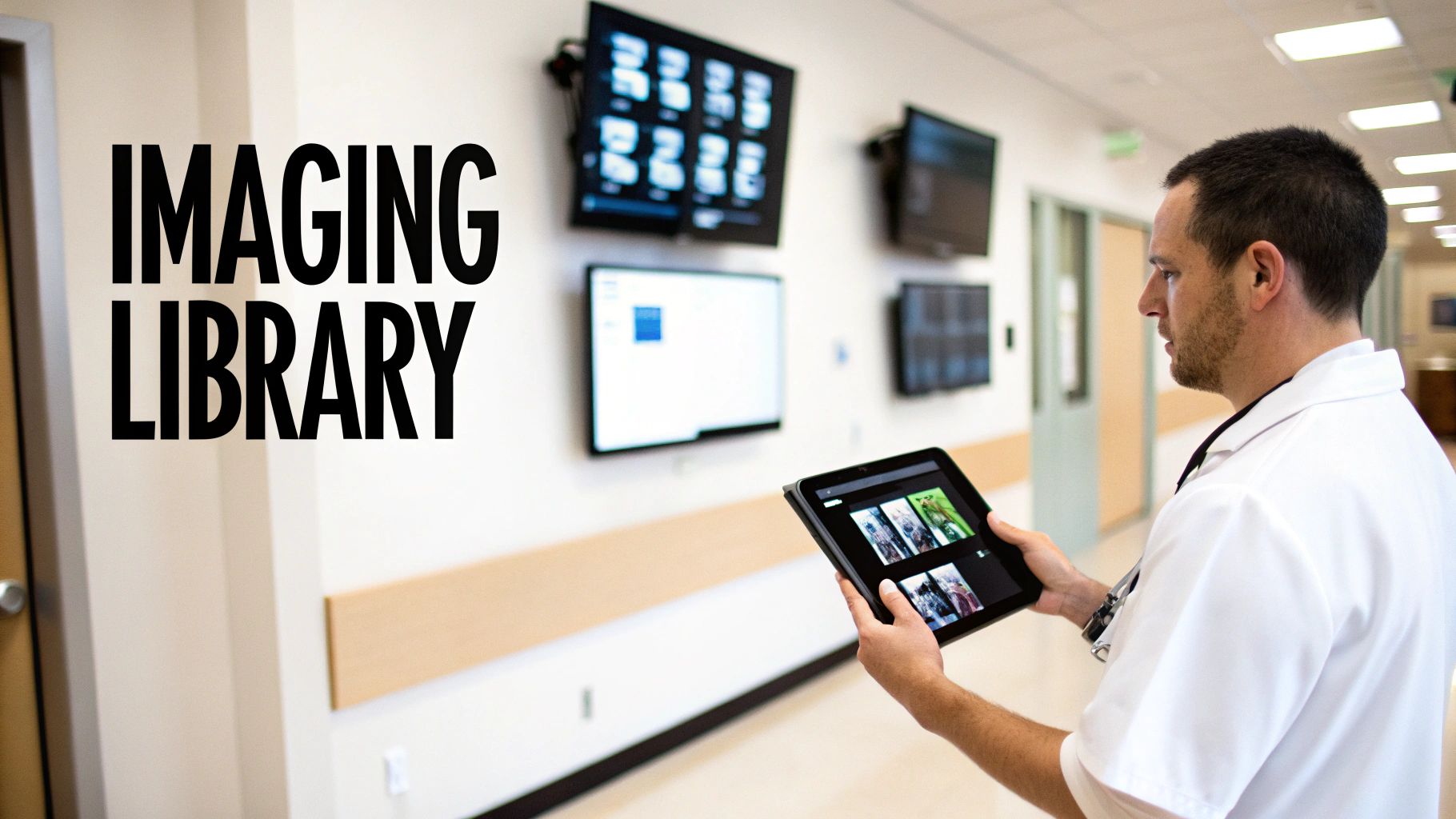 A doctor holds a tablet showing medical images in a hospital hallway with "IMAGING LIBRARY" on the wall.