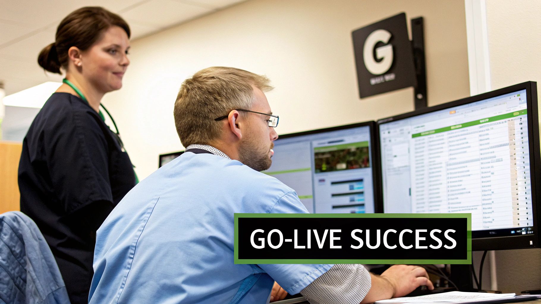 A group of medical professionals looking at data on a large screen in a modern control room.