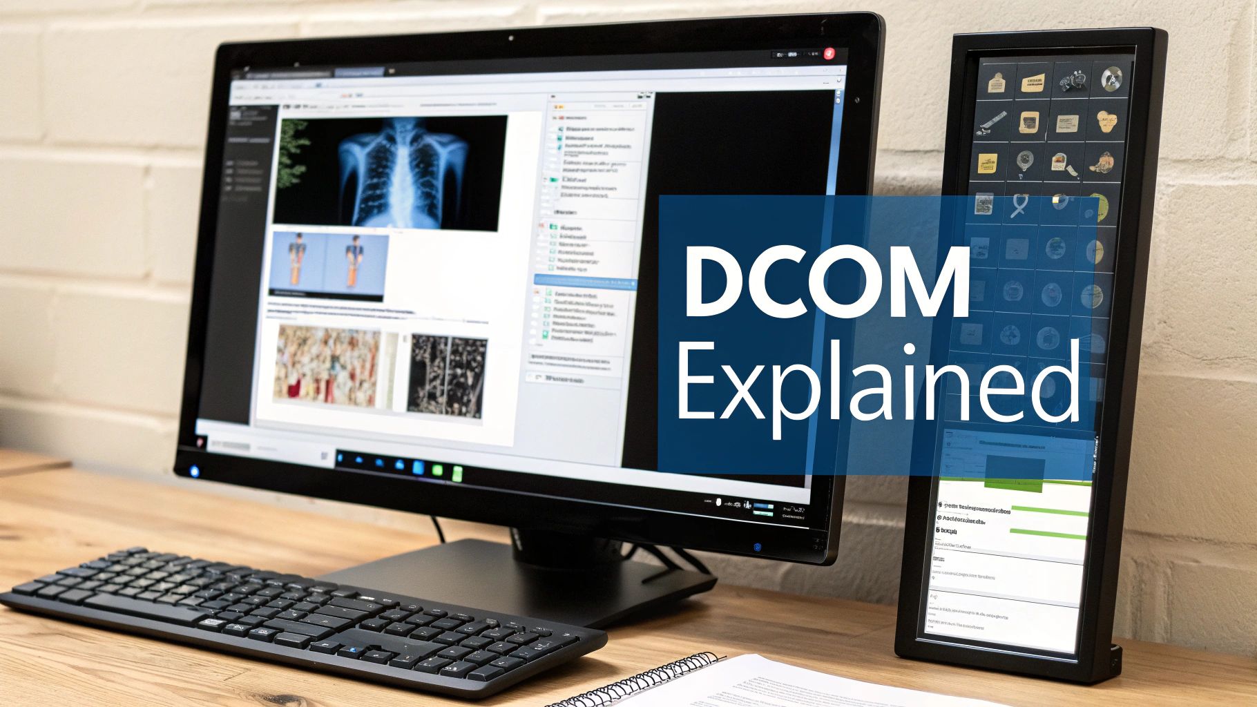 A computer setup on a wooden desk displays medical images and 'DCOM Explained' text.