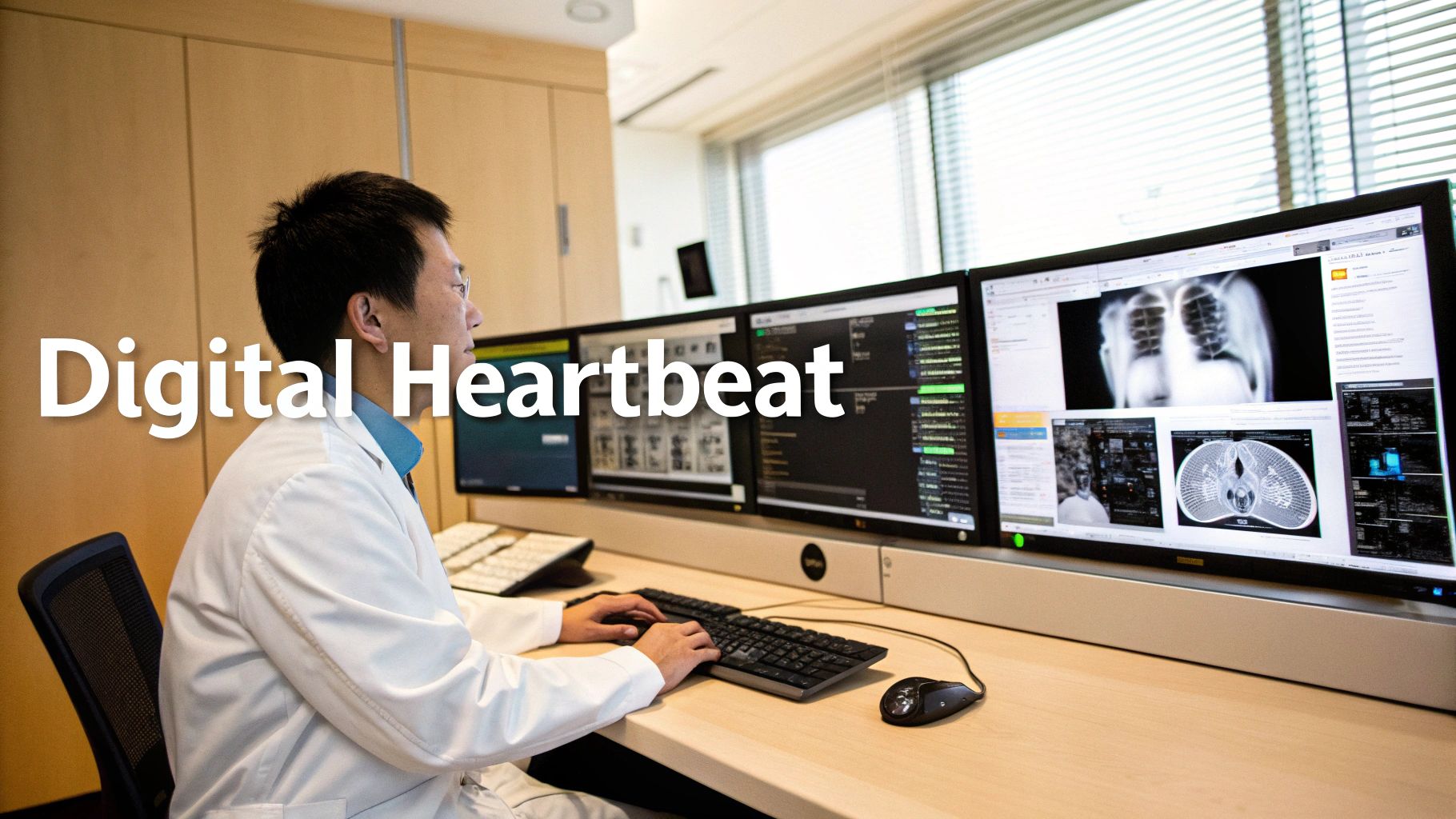 Doctor in a white lab coat examining medical images and data on multiple computer monitors.