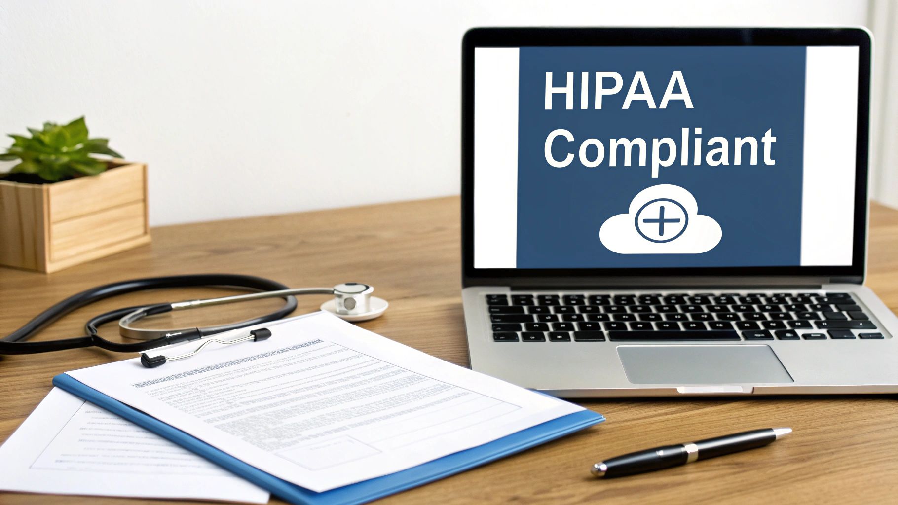Laptop displaying 'HIPAA Compliant' with a cloud icon, stethoscope, documents, and pen on a wooden desk.
