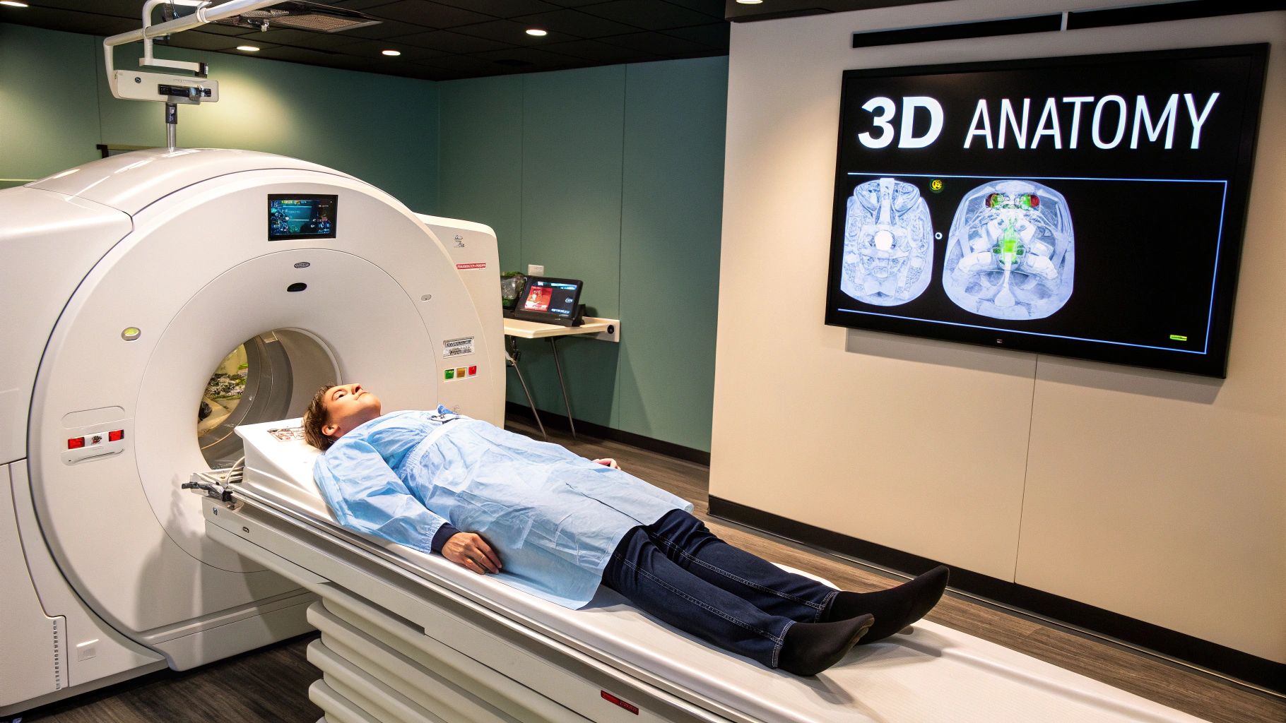 A doctor examining a detailed 3D rendering of a human heart on a futuristic screen, highlighting the precision of 3d medical imaging.