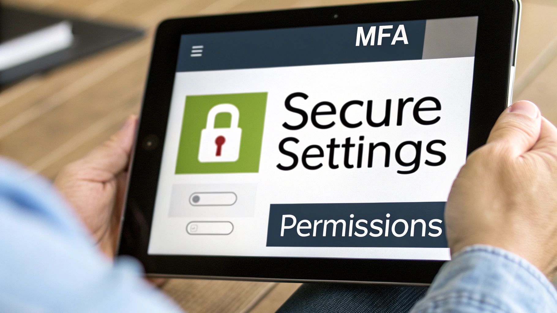 A person holds a tablet displaying a 'Secure Settings' screen with an MFA section and a padlock icon.