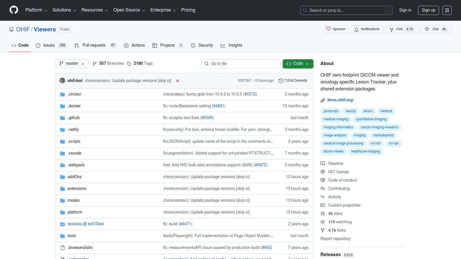 OHIF Viewer GitHub repository showing project files and community activity.