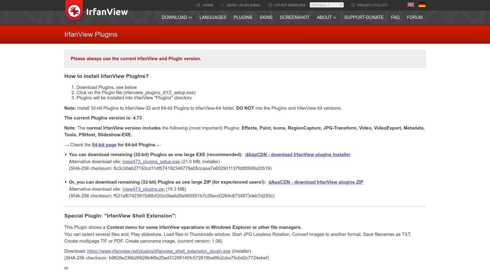 IrfanView plugin page showing the DICOM plugin available for download.