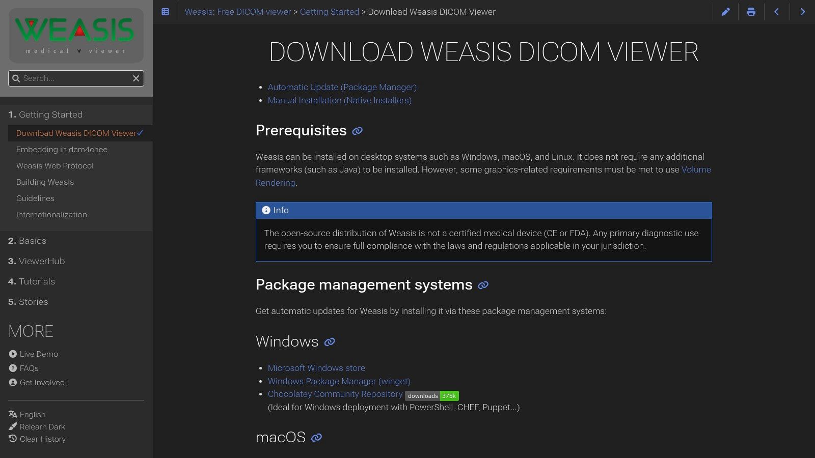 Weasis DICOM viewer download page showing different platform options.