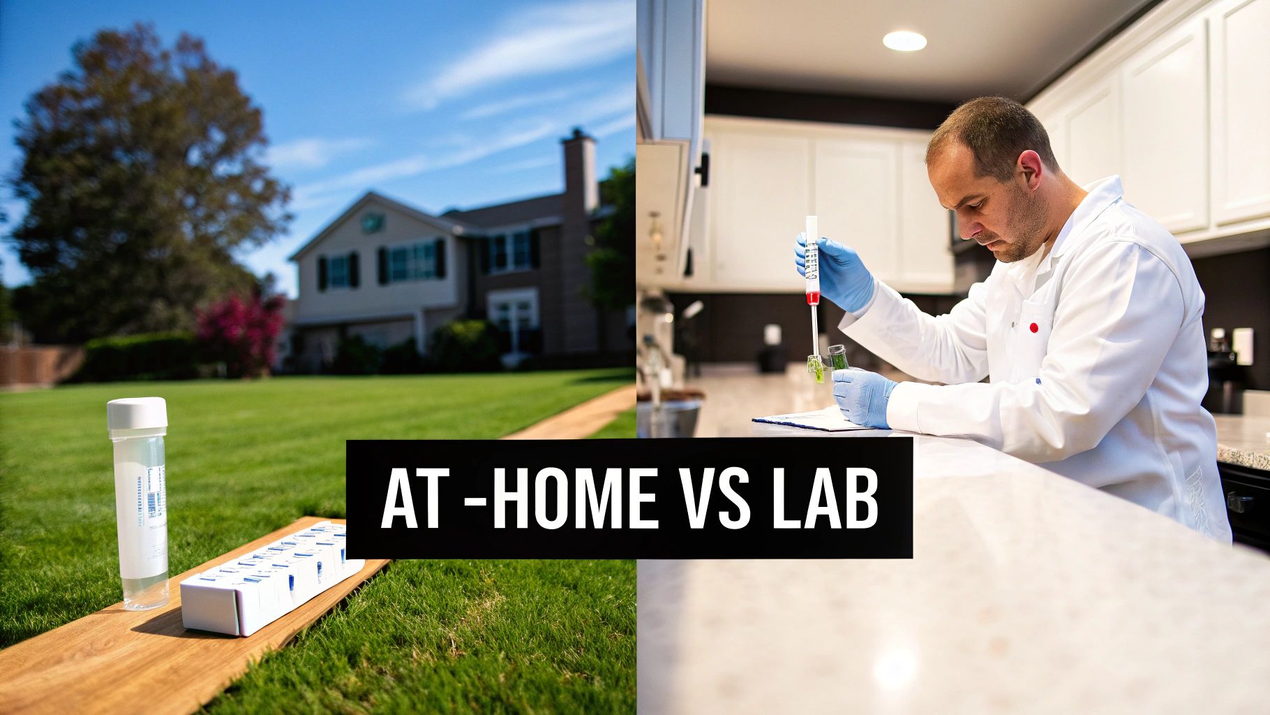 Comparison of at-home test kit on grass versus a lab technician performing a test.