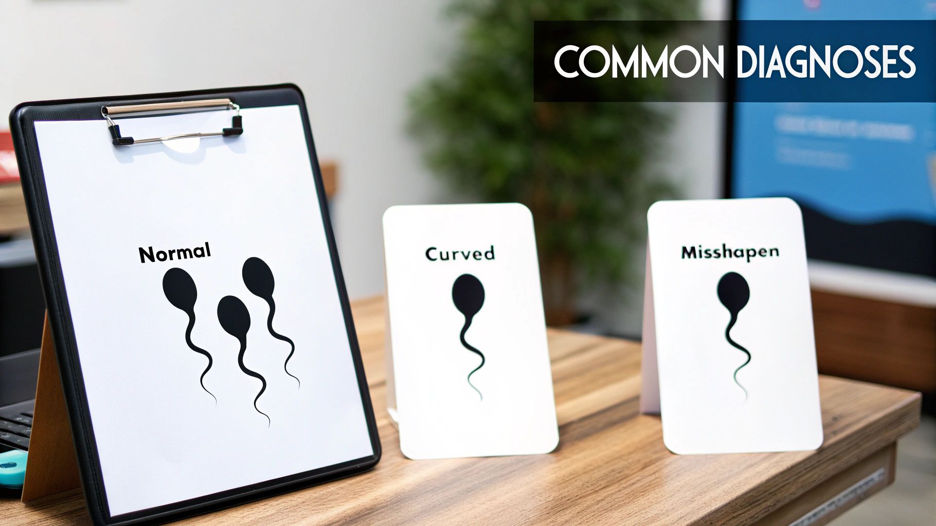 Three white displays on a wooden table illustrate normal, curved, and misshapen sperm for common diagnoses.