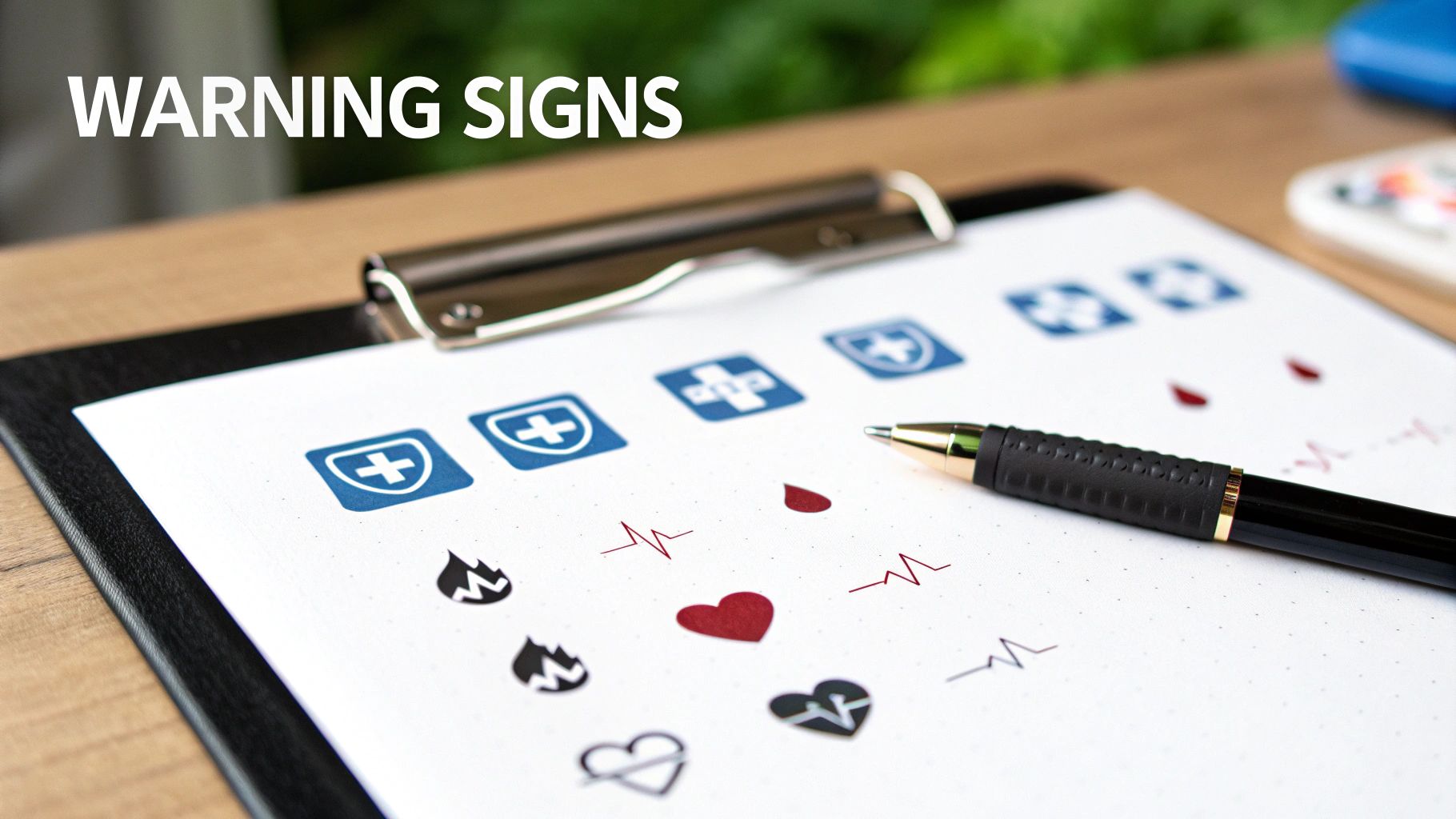 A clipboard with paper displaying medical and health warning signs icons, next to a pen, with 'WARNING SIGNS' text.