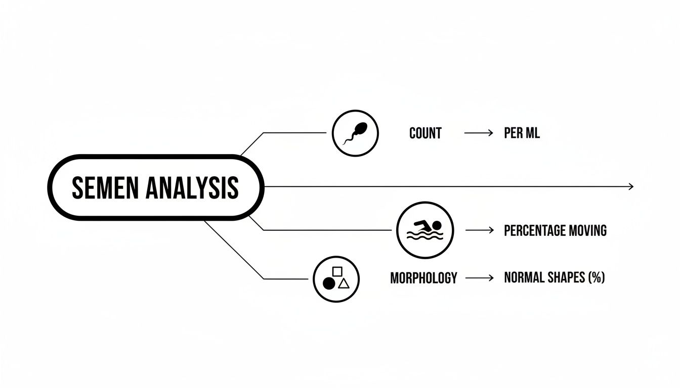 A diagram illustrating semen analysis results, detailing sperm count per ml, percentage moving, and normal morphology.