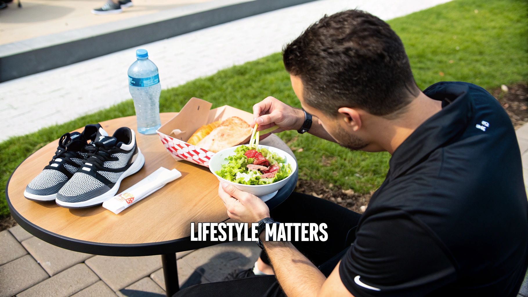 A man eats a fresh salad outdoors with running shoes and water on a table, promoting a healthy lifestyle.