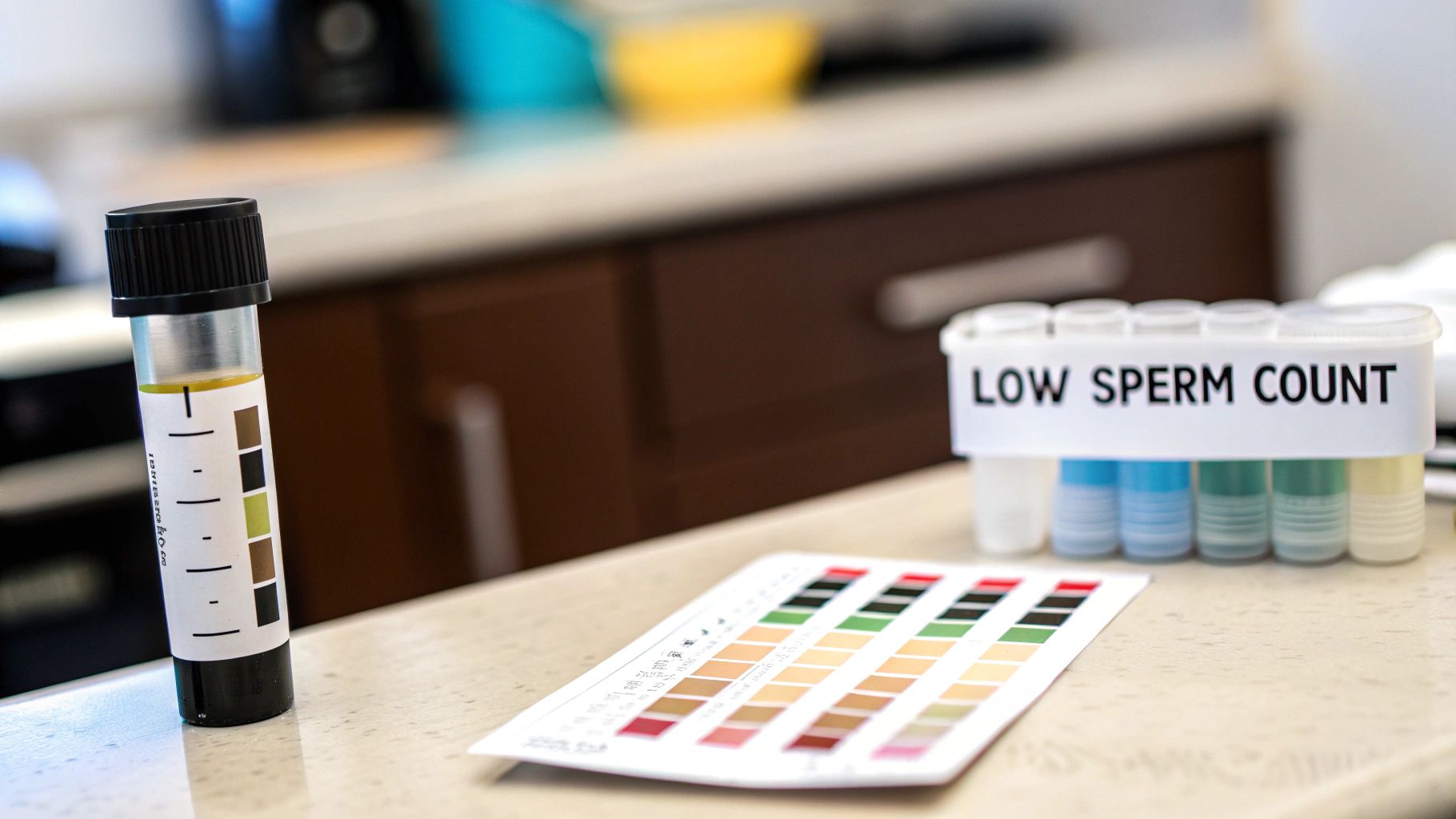 Medical testing items, including a urine sample tube, a 'Low Sperm Count' kit, and a color chart.