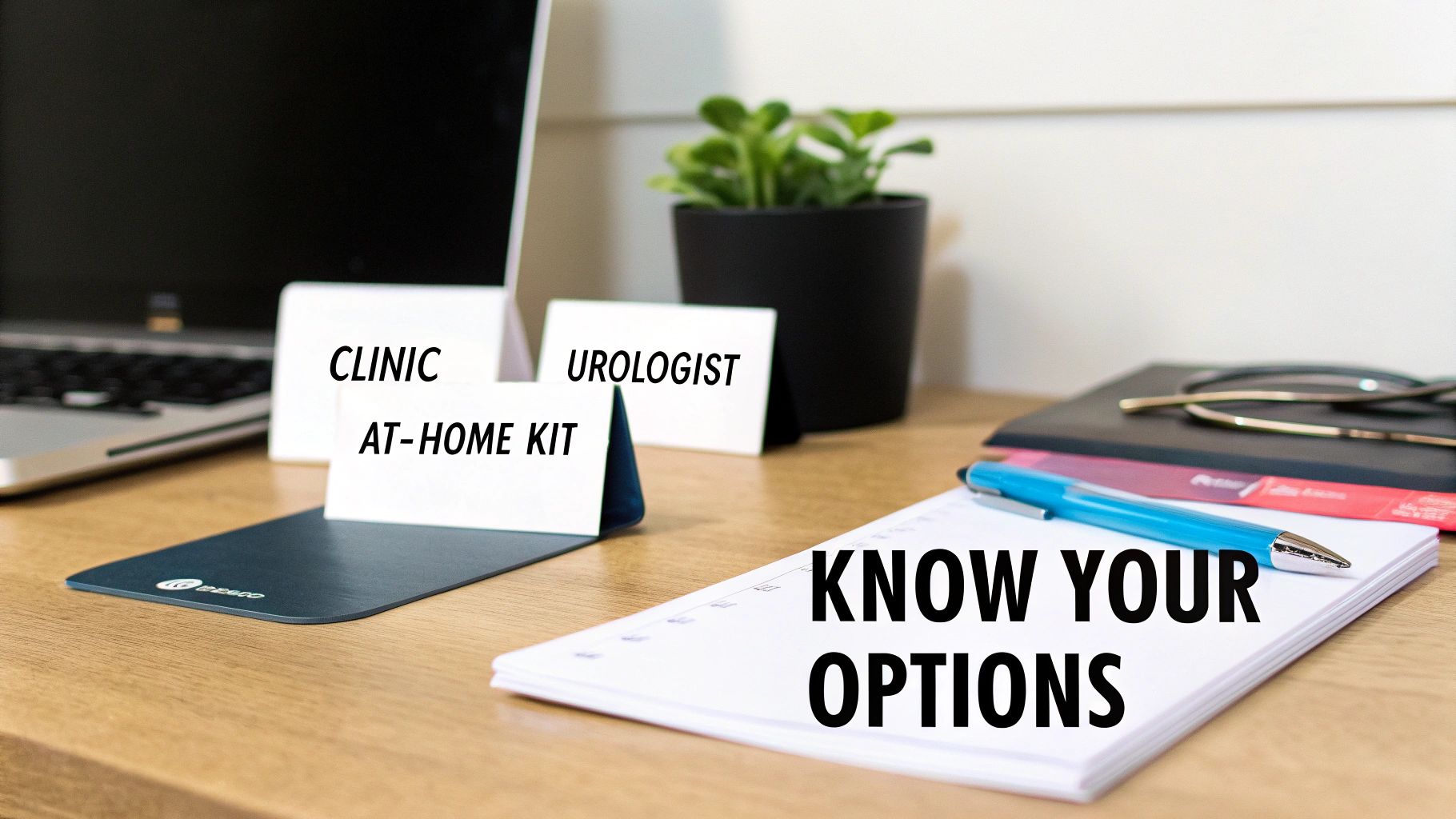 Desk setup with options for sperm testing, including clinic, at-home kit, and urologist, encouraging choices.