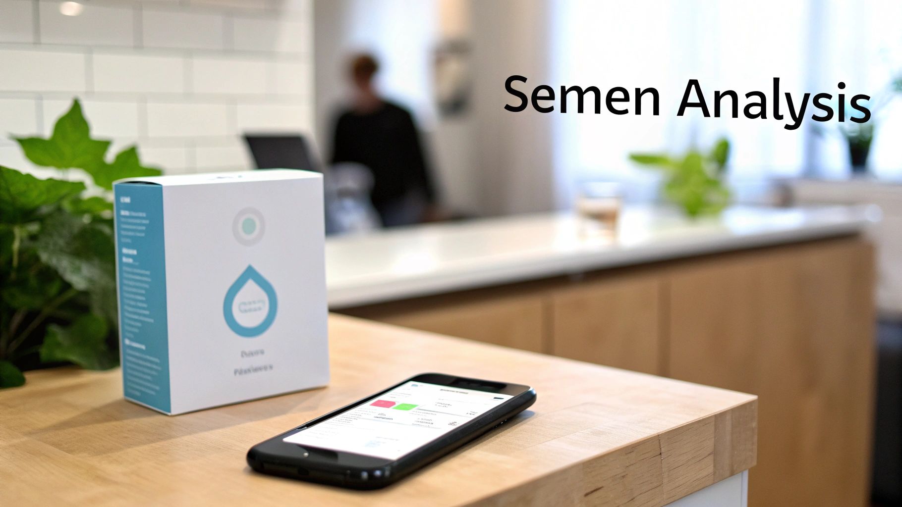 A semen analysis kit box and a smartphone on a wooden counter for male fertility testing.