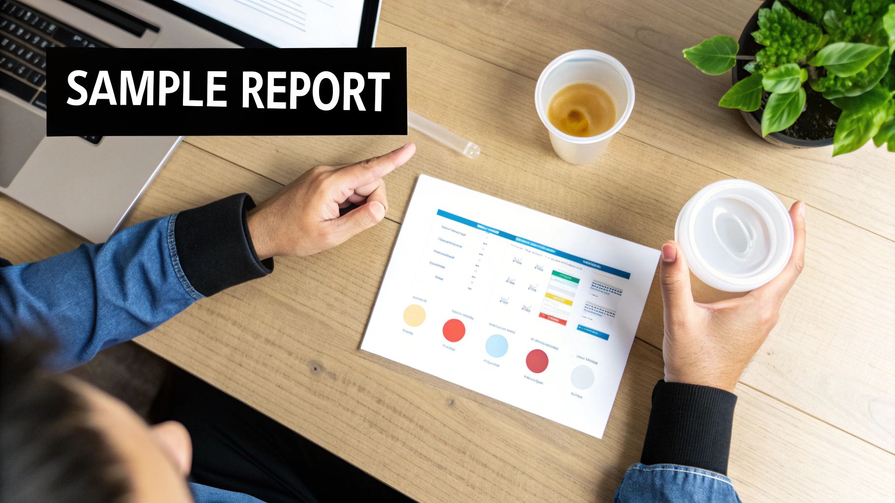 Overhead shot of a person reviewing a sample report with colorful charts, a laptop, coffee, and a plant.