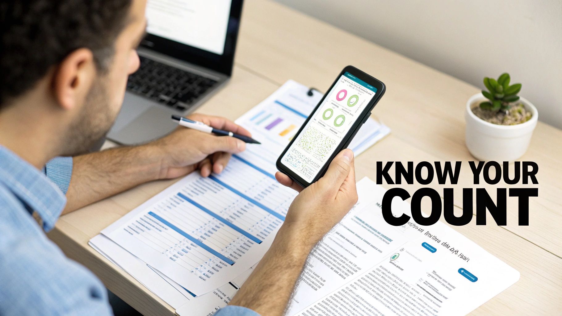 A person analyzing health data and reports on a smartphone and paper at a desk.
