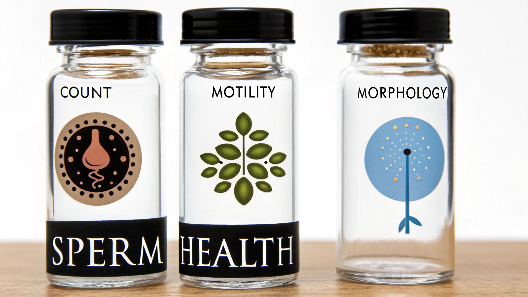 Three vials labeled 'COUNT,' 'MOTILITY,' and 'MORPHOLOGY' representing different aspects of sperm health analysis.