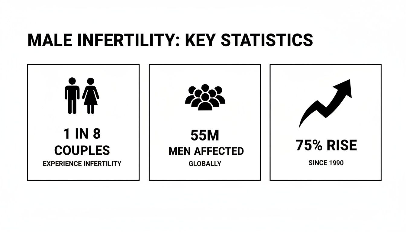 Infographic displaying key statistics on male infertility, showing prevalence and global impact.