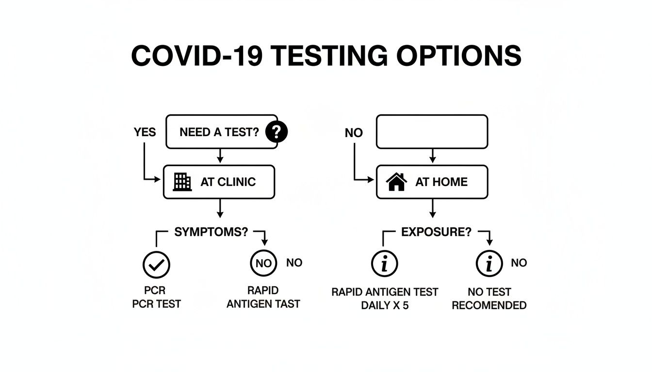 Flowchart outlining COVID-19 testing options, differentiating clinic and home tests based on symptoms and exposure.