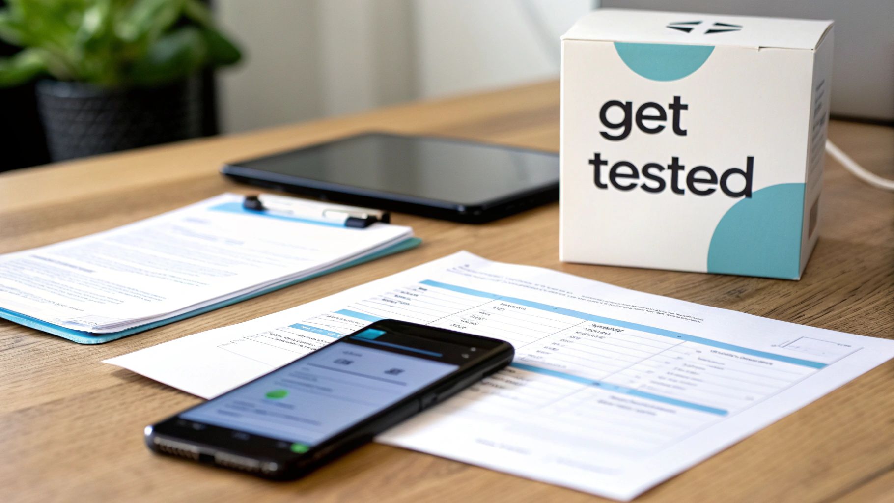 A 'get tested' kit box, smartphone displaying results, and medical documents on a wooden desk.