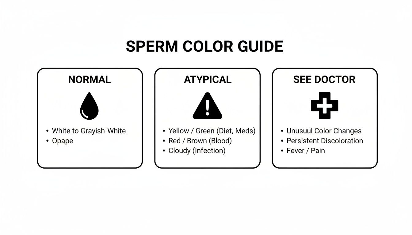 Sperm color guide showing normal, atypical, and doctor-recommended changes in sperm appearance with associated conditions.