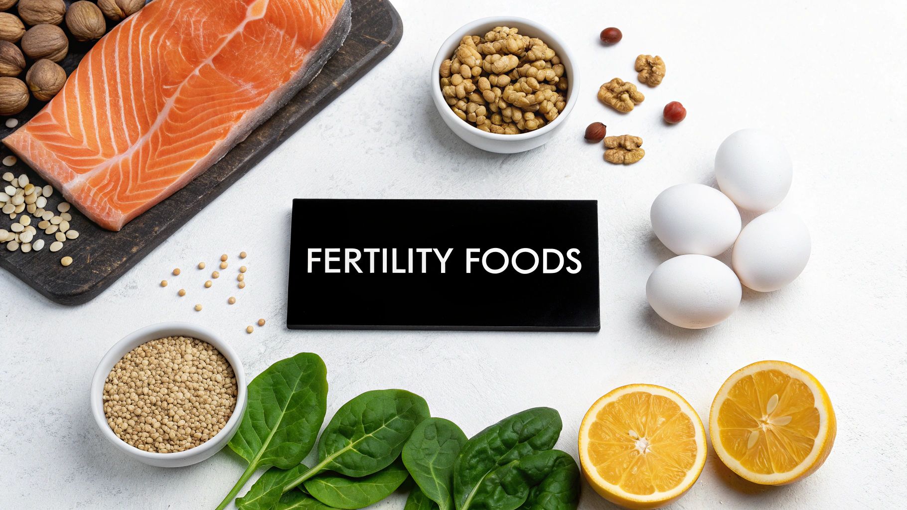 A flat lay of various fertility foods including salmon, eggs, walnuts, spinach, citrus, and grains on a white background, with a sign saying 