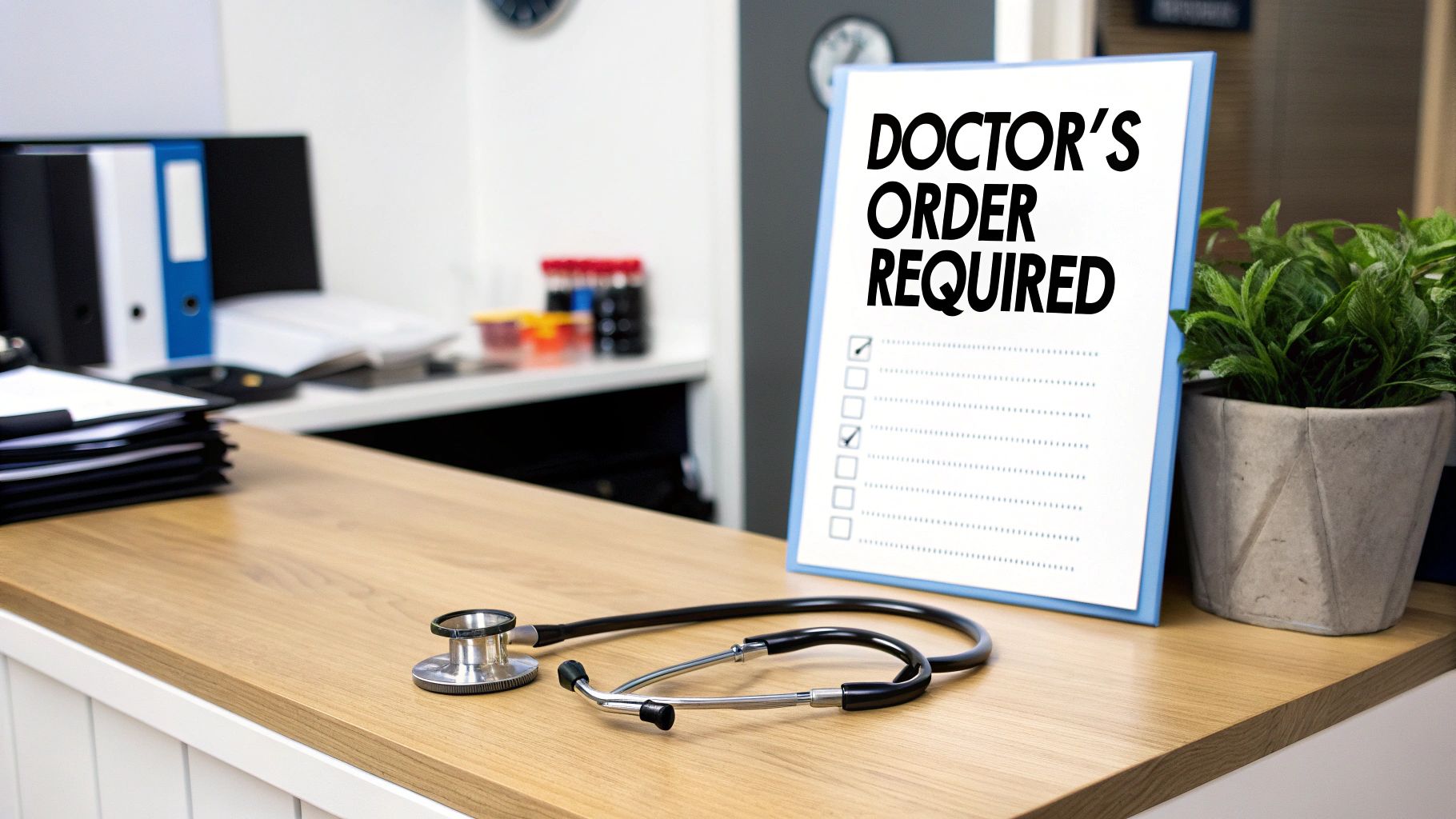 Stethoscope on a wooden counter in a doctor's office with a 'Doctor's Order Required' sign.