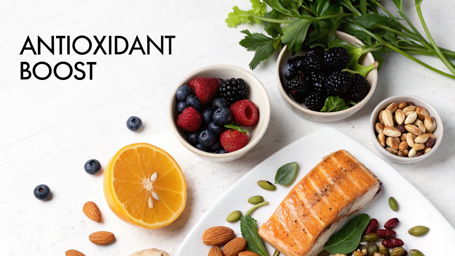 Healthy meal ingredients for an antioxidant boost including salmon, blueberries, raspberries, blackberries, almonds, and an orange.
